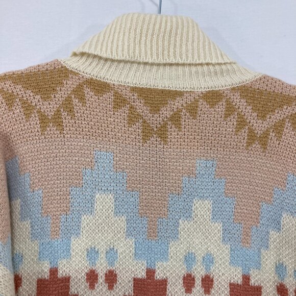 New SO size XXL Cream Boho Print Turtle Neck Puff Sleeve Tunic Sweater Cozy - Picture 10 of 11